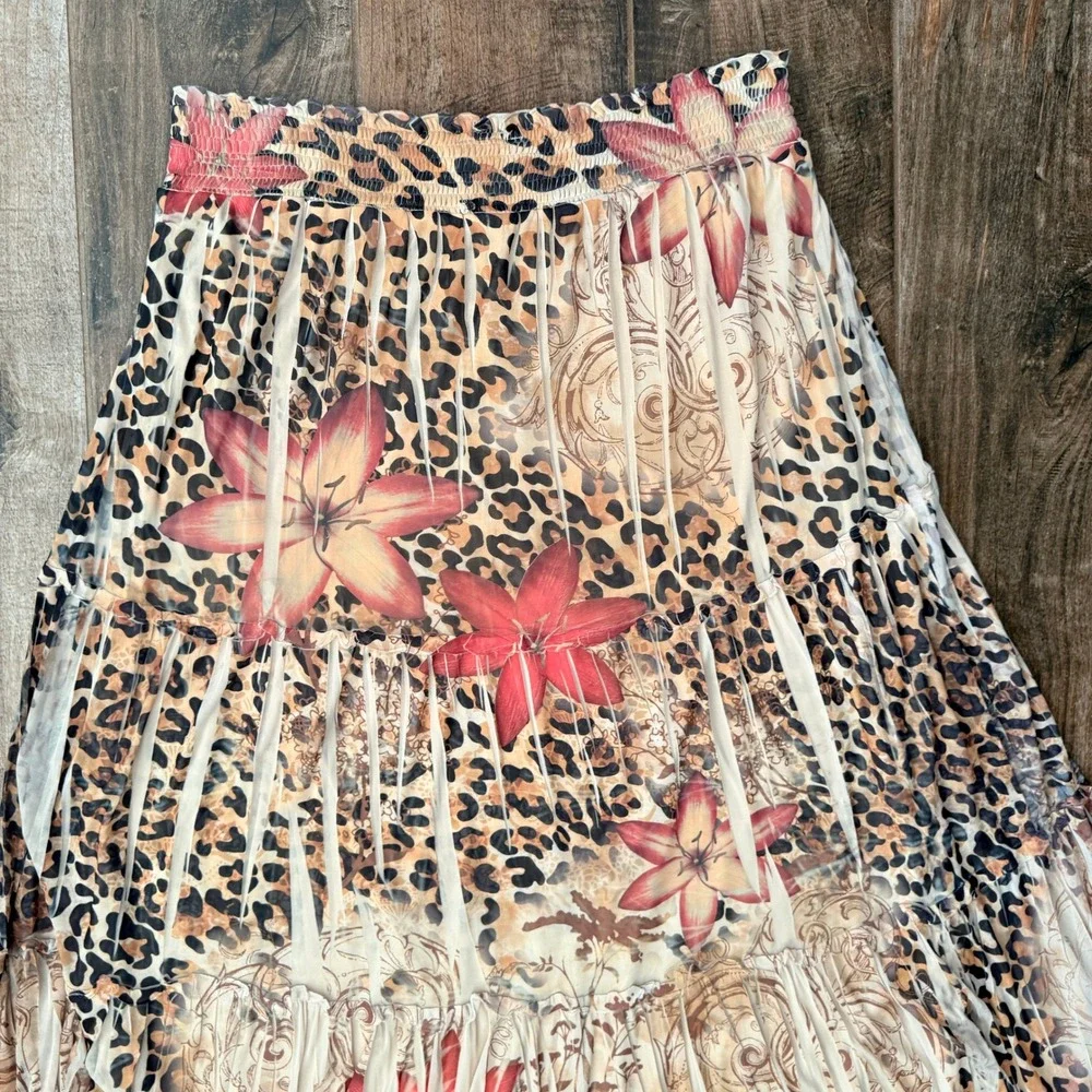 Lane Bryant Womens Leopard Floral Tiered Smocked Maxi Skirt, Tan, 14/16